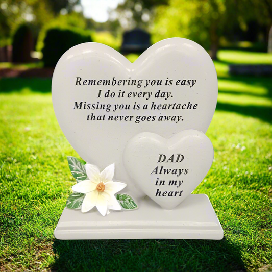 Dad - Double Heart Memorial Plaque with Lily Decoration - Ideal For Gravesides and Gardens