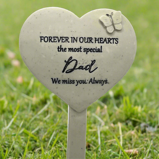 Dad - Heart Plaque on Stake with Butterfly Memorial - Ideal For Gravesides and Gardens