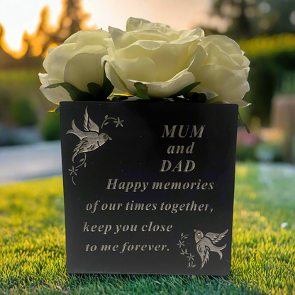 Mum & Dad - Black Graveside Memorial Vase With White Doves