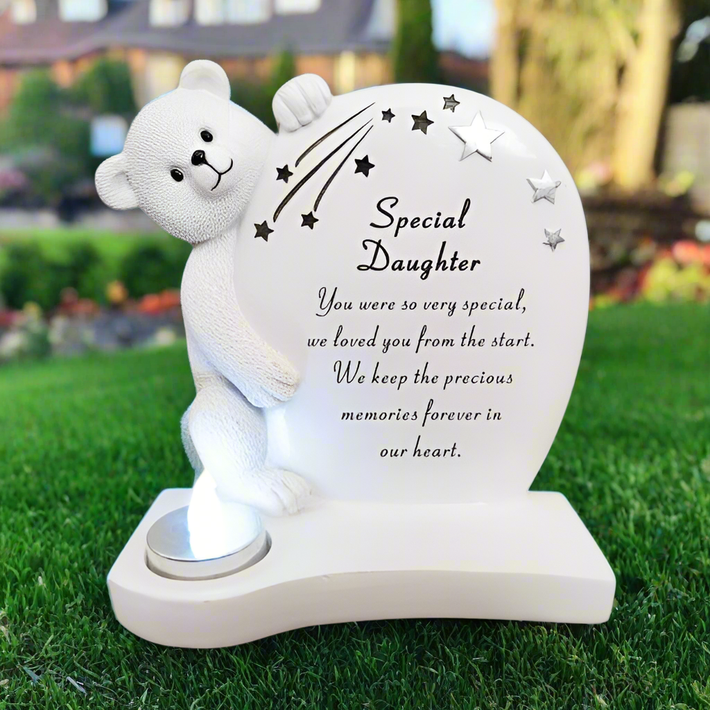 Special Daughter - Teddy Plaque With Flickering Light - Ideal For Gravesides and Gardens