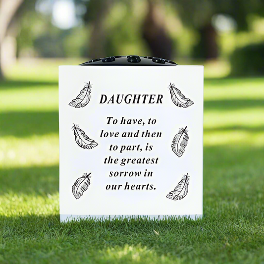 Daughter - Feathers Memorial Vase - White - Perfect For Gravesides and Gardens