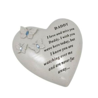 Daddy - Heart Memorial Plaque With Blue Gem Decoration - Ideal For Gravesides and Gardens