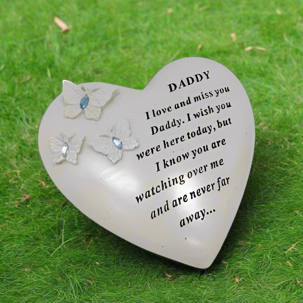 Daddy - Heart Memorial Plaque With Blue Gem Decoration - Ideal For Gravesides and Gardens