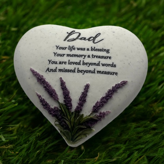 Dad - Heart Shaped With Lavender Design Memorial Ornament - Perfect For Gravesides & Gardens