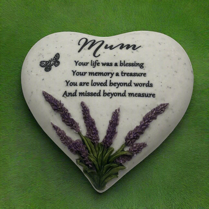 Mum - Lavender Heart Memorial Plaque - Perfect For Gravesides and Gardens