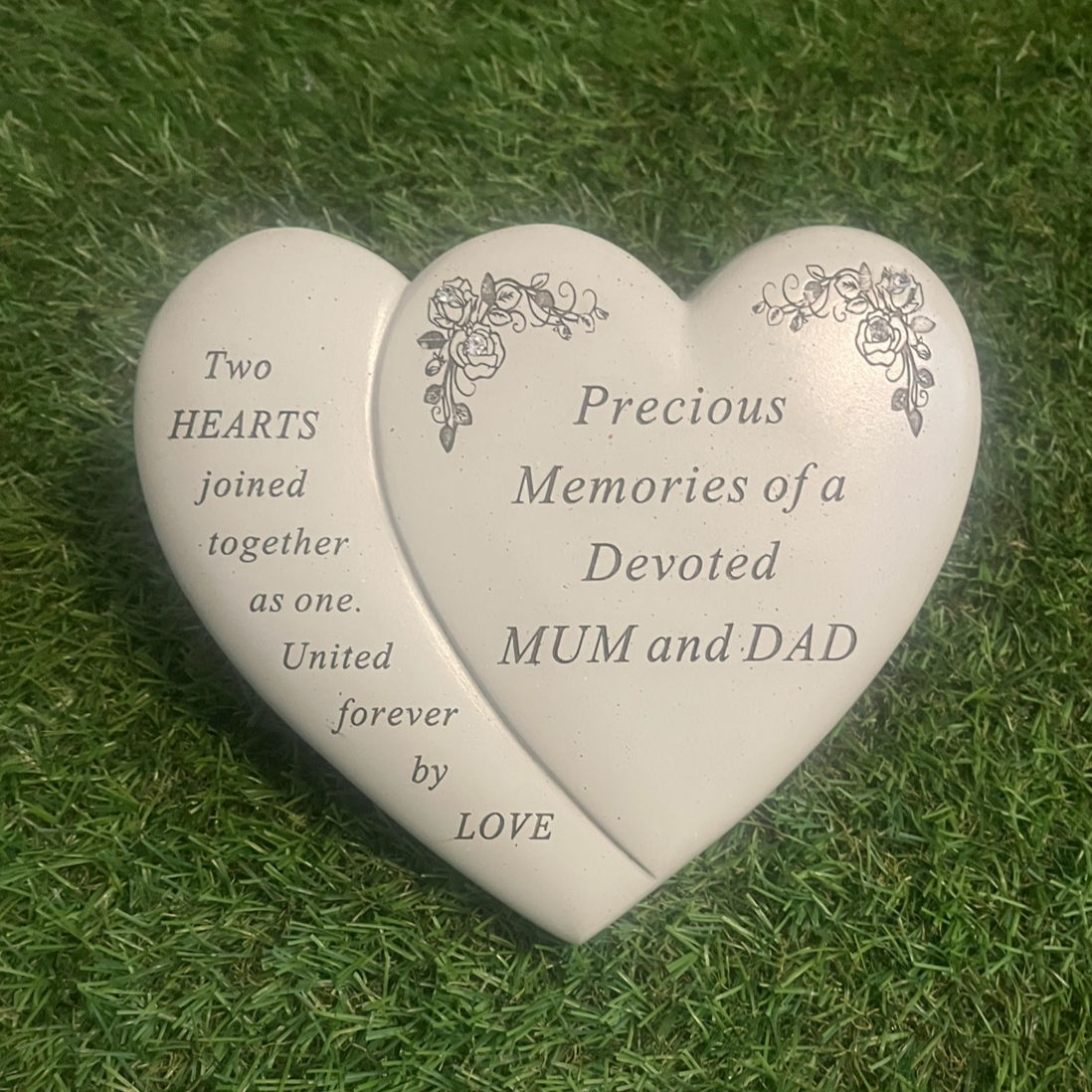 Mum & Dad - Double Heart Memorial With Floral Detail - Perfect For Gravesides And Gardens