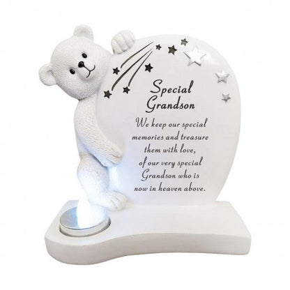 Special Grandson - Teddy Plaque With Flickering Light - Ideal For Gravesides and Gardens