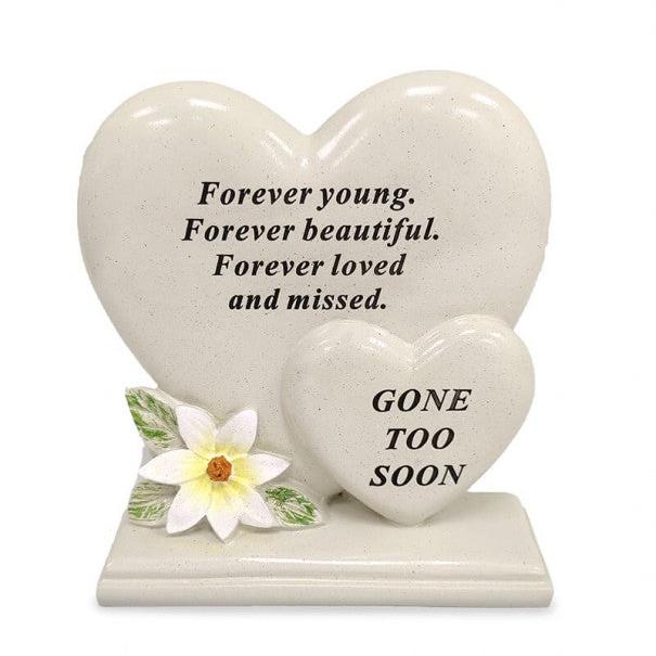 Gone Too Soon - Double Heart with Lily Decoration Memorial Plaque - Perfect For Gravesides and Gardens