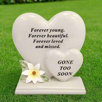 Gone Too Soon - Double Heart with Lily Decoration Memorial Plaque - Perfect For Gravesides and Gardens