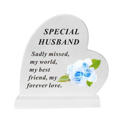 Husband - Standing Heart Memorial - Grey With Blue Flower Design - Ideal For Graveside And Gardens