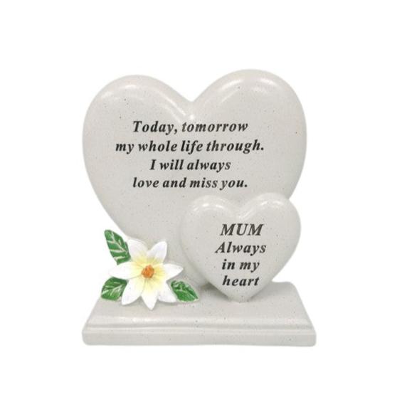 Mum - Standing Double Heart Memorial Plaque with Lily Detail - Perfect For Gravesides & Gardens