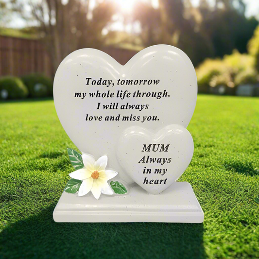 Mum - Standing Double Heart Memorial Plaque with Lily Detail - Perfect For Gravesides & Gardens