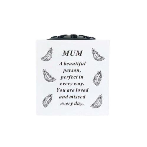 Mum - Feathers Memorial Vase - White - Perfect For Gravesides and Gardens