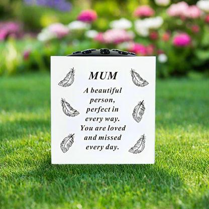 Mum - Feathers Memorial Vase - White - Perfect For Gravesides and Gardens