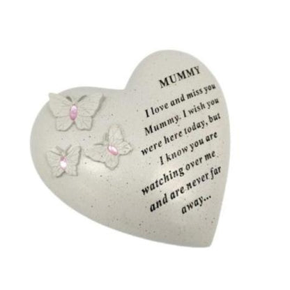 Mummy - Heart Memorial with Pink Gem Butterfly Decorations - Ideal For Gravesides and Gardens