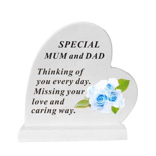 Mum & Dad - Standing Heart Memorial - Grey With Blue Flower Design - Ideal For Graveside And Gardens