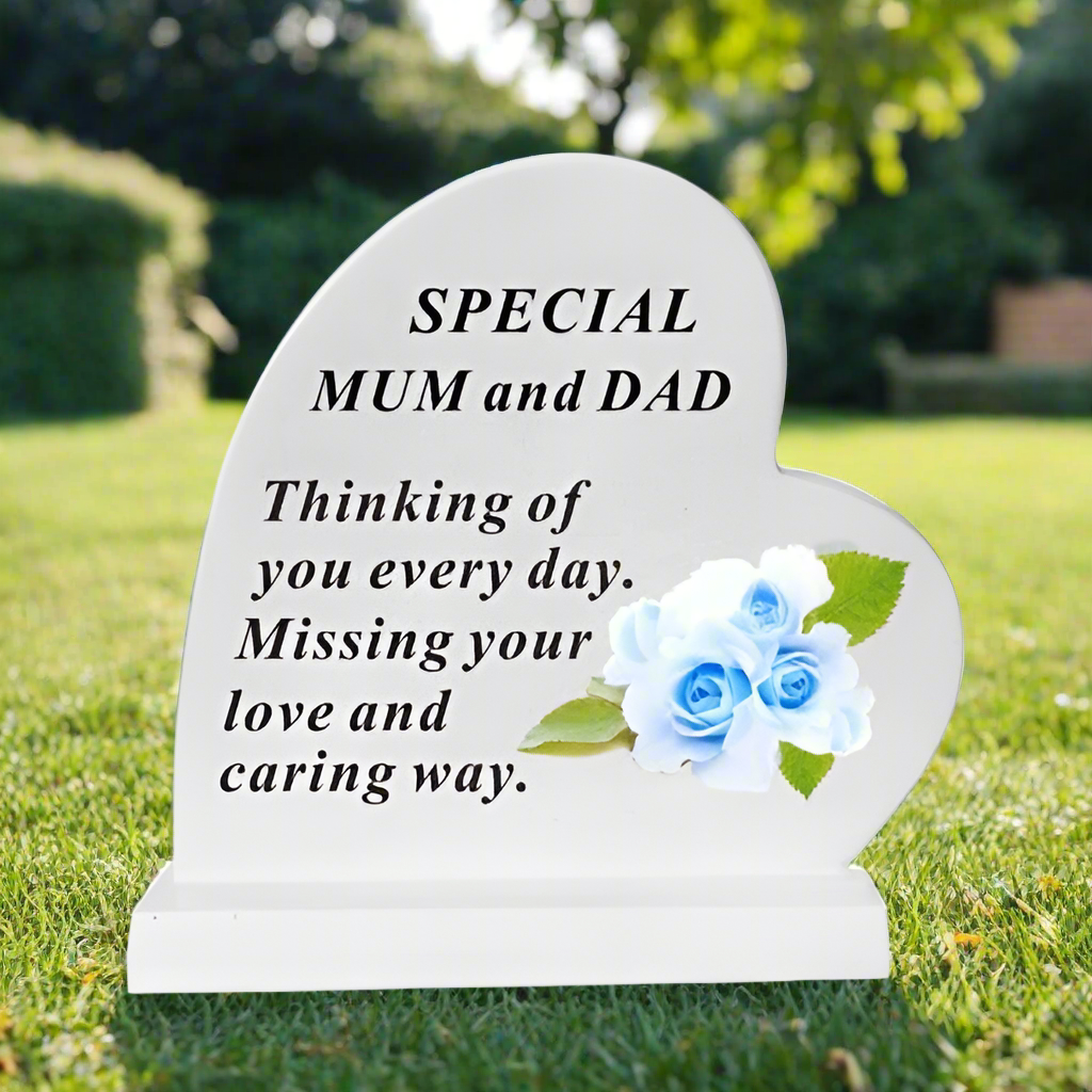 Mum & Dad - Standing Heart Memorial - Grey With Blue Flower Design - Ideal For Graveside And Gardens