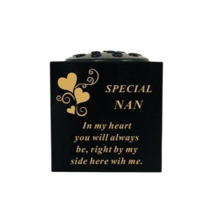 Nan - Graveside Memorial Vase - Black With Gold Heart Detail