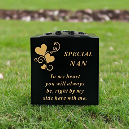 Nan - Graveside Memorial Vase - Black With Gold Heart Detail