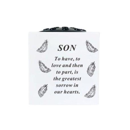 Son - Feathers Memorial Vase - White - Perfect For Gravesides and Gardens