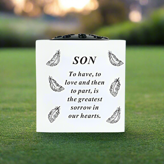 Son - Feathers Memorial Vase - White - Perfect For Gravesides and Gardens