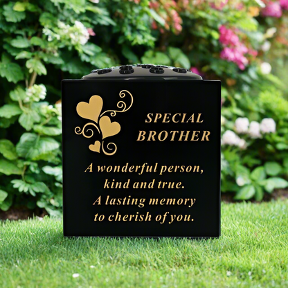 Special Brother - Memorial Vase With Hearts - Black Base & Gold Writing - Perfect For Gravesides and Gardens