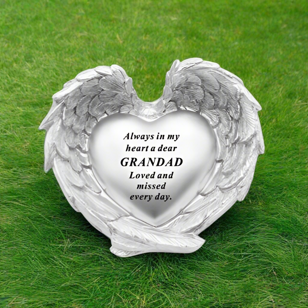 Grandad - Angel Wings Heart Memorial Plaque - Perfect For Gravesides And Gardens