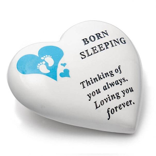 Born Sleeping - Memorial Heart - White With Blue Heart And Footprints