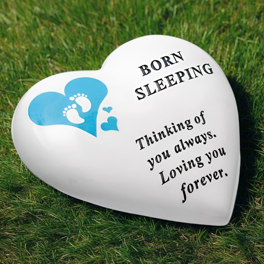 Born Sleeping - Memorial Heart - White With Blue Heart And Footprints