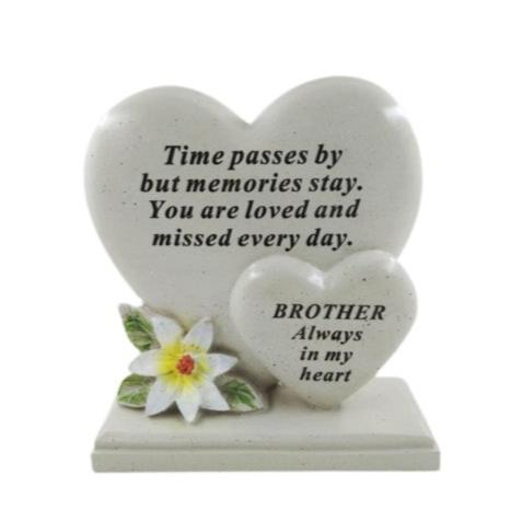 Brother - Double Heart with Lily Decoration Memorial Plaque - Perfect For Gravesides and Gardens