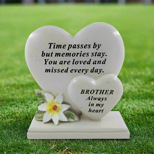 Brother - Double Heart with Lily Decoration Memorial Plaque - Perfect For Gravesides and Gardens