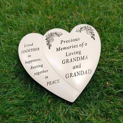 Grandma & Grandad - Double Heart Memorial With Floral Detail - Perfect For Gravesides And Gardens