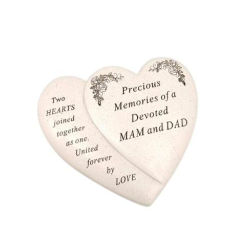 Mam & Dad - Double Heart Memorial With Floral Detail - Perfect For Gravesides And Gardens