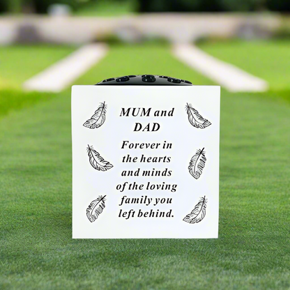 Mum & Dad - Feathers Memorial Vase - White - Perfect For Gravesides and Gardens