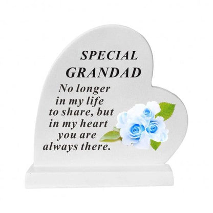 Grandad - Standing Heart Memorial - Grey With Blue Flower Design - Ideal For Graveside And Gardens