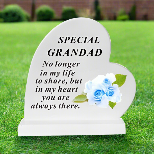 Grandad - Standing Heart Memorial - Grey With Blue Flower Design - Ideal For Graveside And Gardens