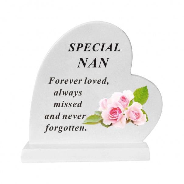 Nan - Standing Heart Memorial - Grey With Blue Flower Design - Ideal For Graveside And Gardens