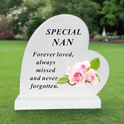 Nan - Standing Heart Memorial - Grey With Blue Flower Design - Ideal For Graveside And Gardens