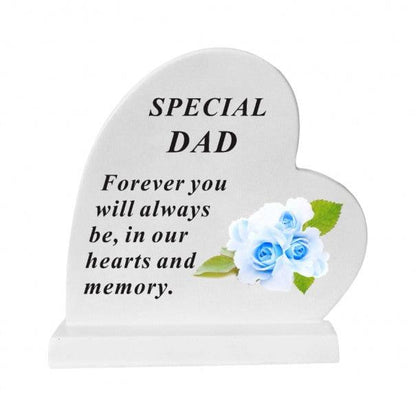 Dad - Standing Heart Memorial - Grey With Blue Flower Design - Ideal For Graveside And Gardens