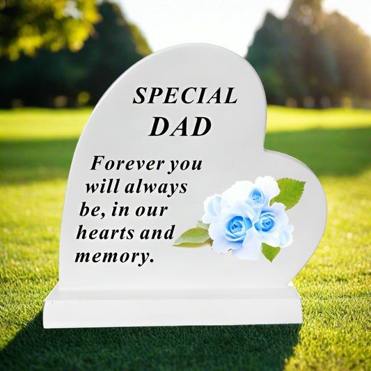 Dad - Standing Heart Memorial - Grey With Blue Flower Design - Ideal For Graveside And Gardens