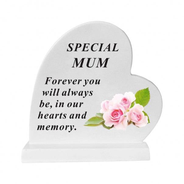 Mum - Standing Heart Memorial - Grey With Pink Flower Design - Ideal For Graveside And Gardens