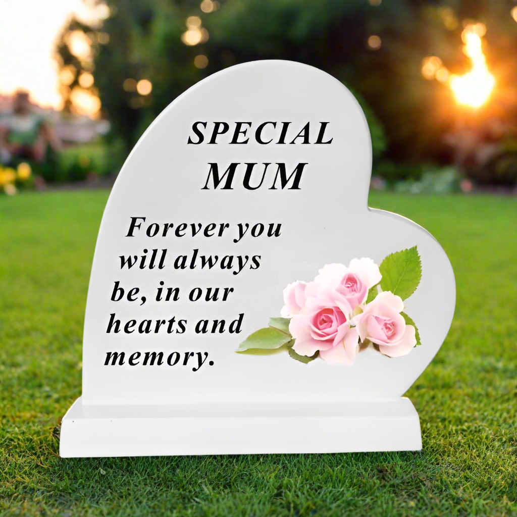 Mum - Standing Heart Memorial - Grey With Pink Flower Design - Ideal For Graveside And Gardens