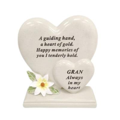 Gran - Standing Double Heart Memorial with Lily Decoration - Ideal For Gravesides and Gardens