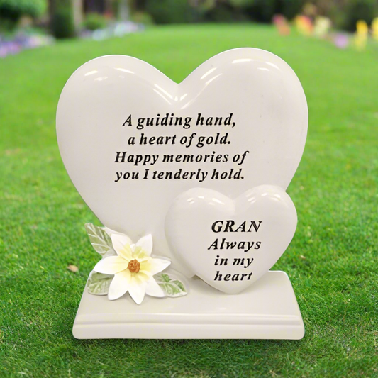 Gran - Standing Double Heart Memorial with Lily Decoration - Ideal For Gravesides and Gardens