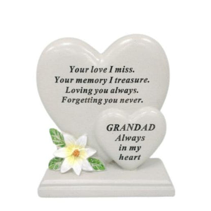 Grandad - Double Heart with Lily Decoration Memorial Plaque - Perfect For Gravesides and Gardens