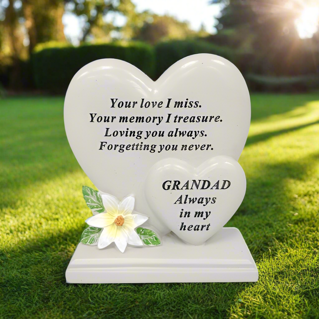 Grandad - Double Heart with Lily Decoration Memorial Plaque - Perfect For Gravesides and Gardens