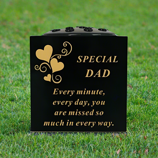 Special Dad - Golden Hearts Memorial Vase - Black & Gold - Perfect For Gravesides & Gardens