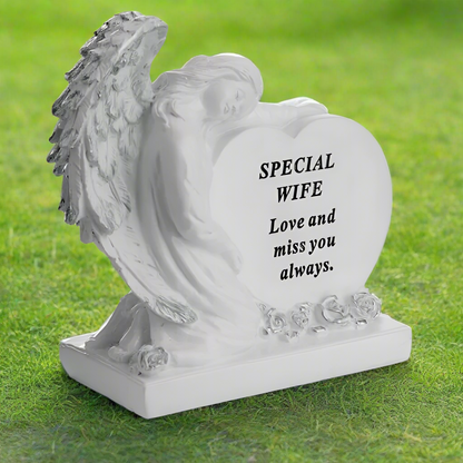 Wife - Angel With Wings Heart Memorial Plaque - Perfect For Gravesides And Gardens