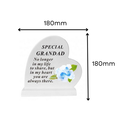 Grandad - Standing Heart Memorial - Grey With Blue Flower Design - Ideal For Graveside And Gardens