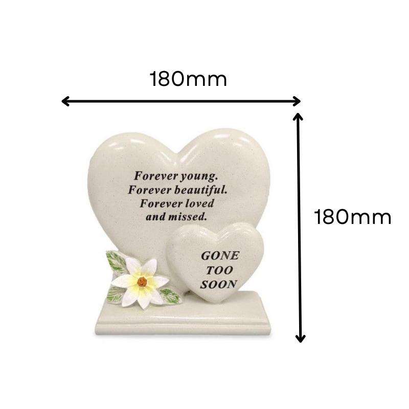 Gone Too Soon - Double Heart with Lily Decoration Memorial Plaque - Perfect For Gravesides and Gardens